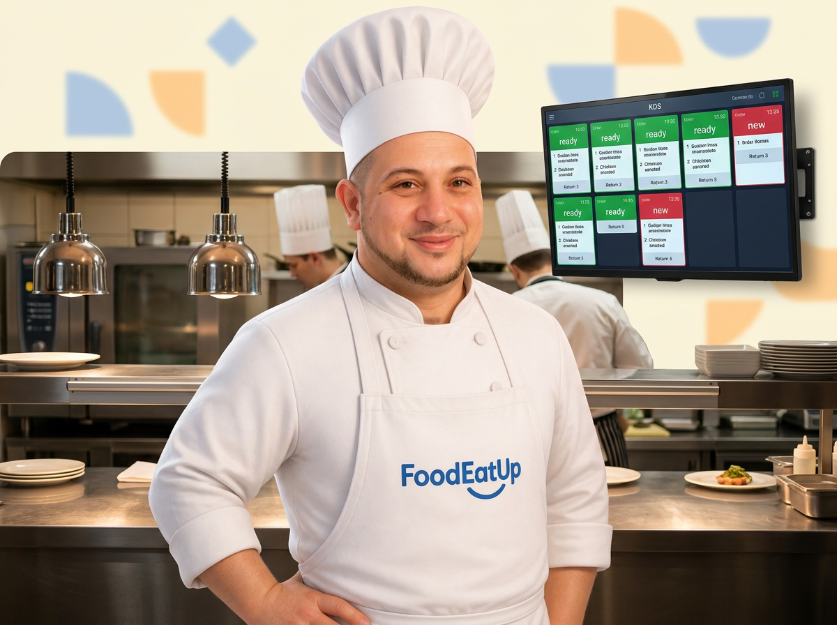 Le chef FoodEatUp devant l'écran d'appel des commandes