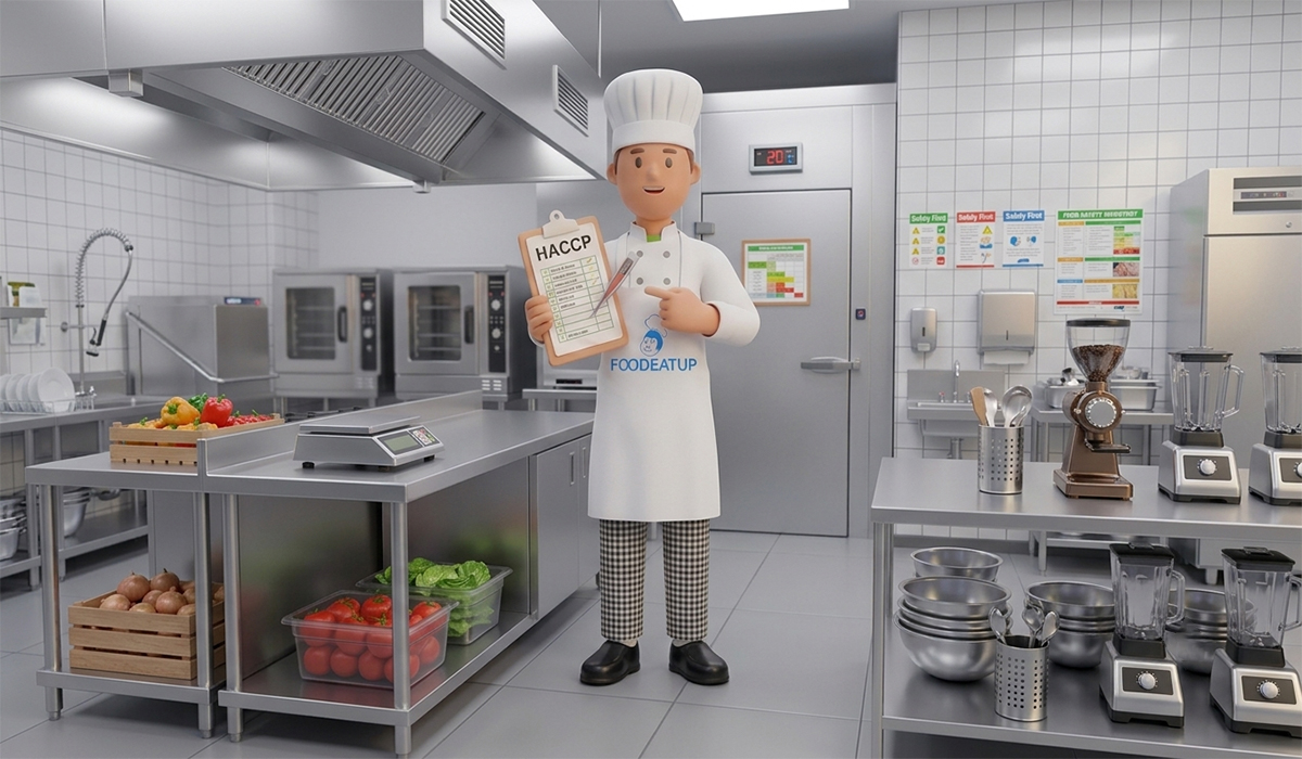 Chef FoodEatUp en cuisine présentant la checklist HACCP conforme.
