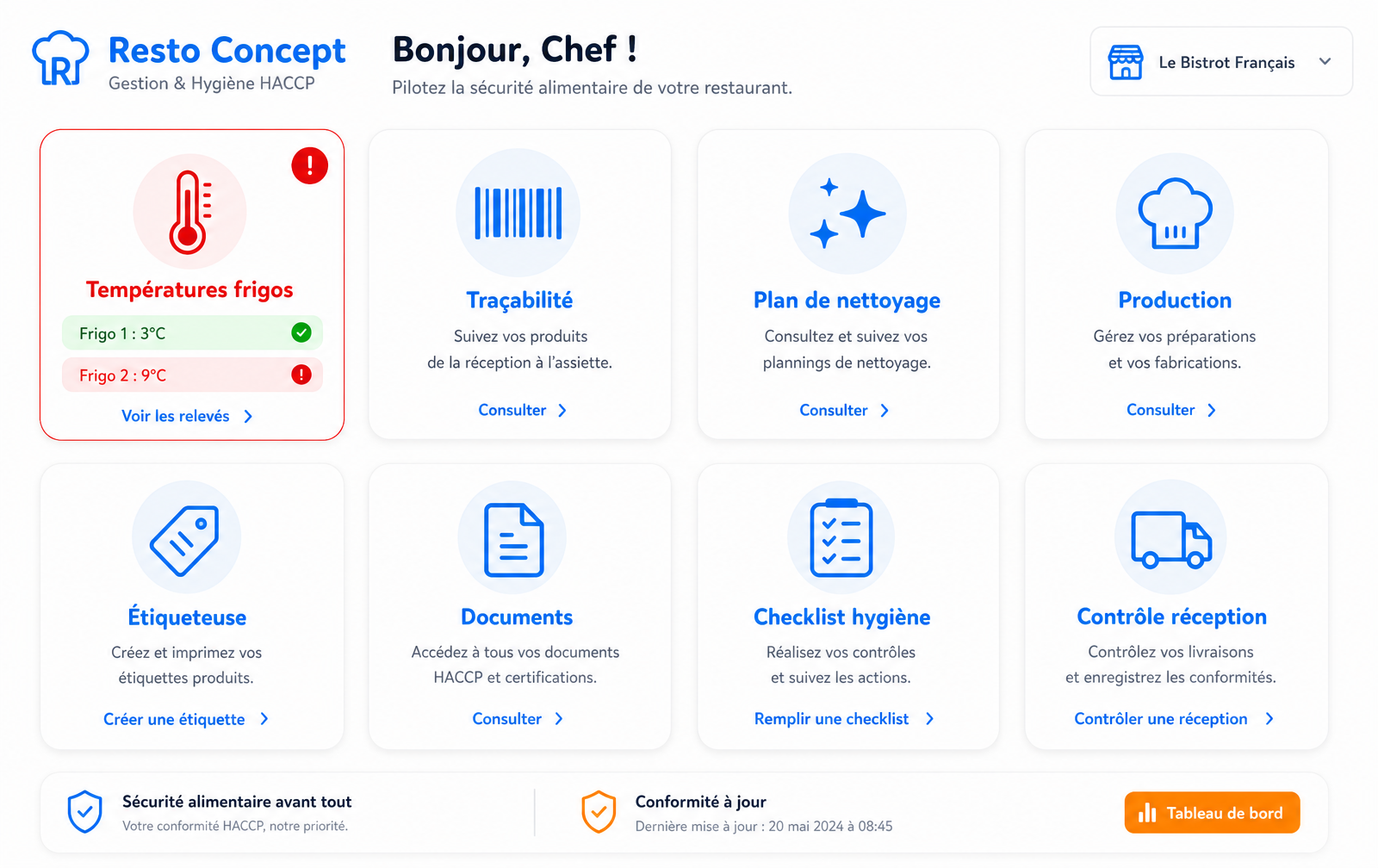Module HACCP FoodEatUp : températures, traçabilité, plan de nettoyage, production, étiqueteuse, documents, checklist hygiène et contrôle à réception.