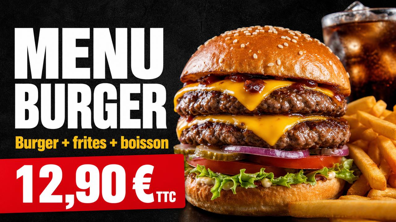 Exemple d'écran Display : Burger · menu complet à 12,90 €