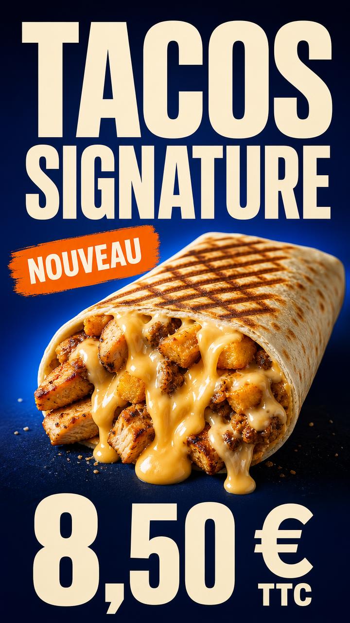 Exemple d'écran Display : Snack · tacos signature à 8,50 €