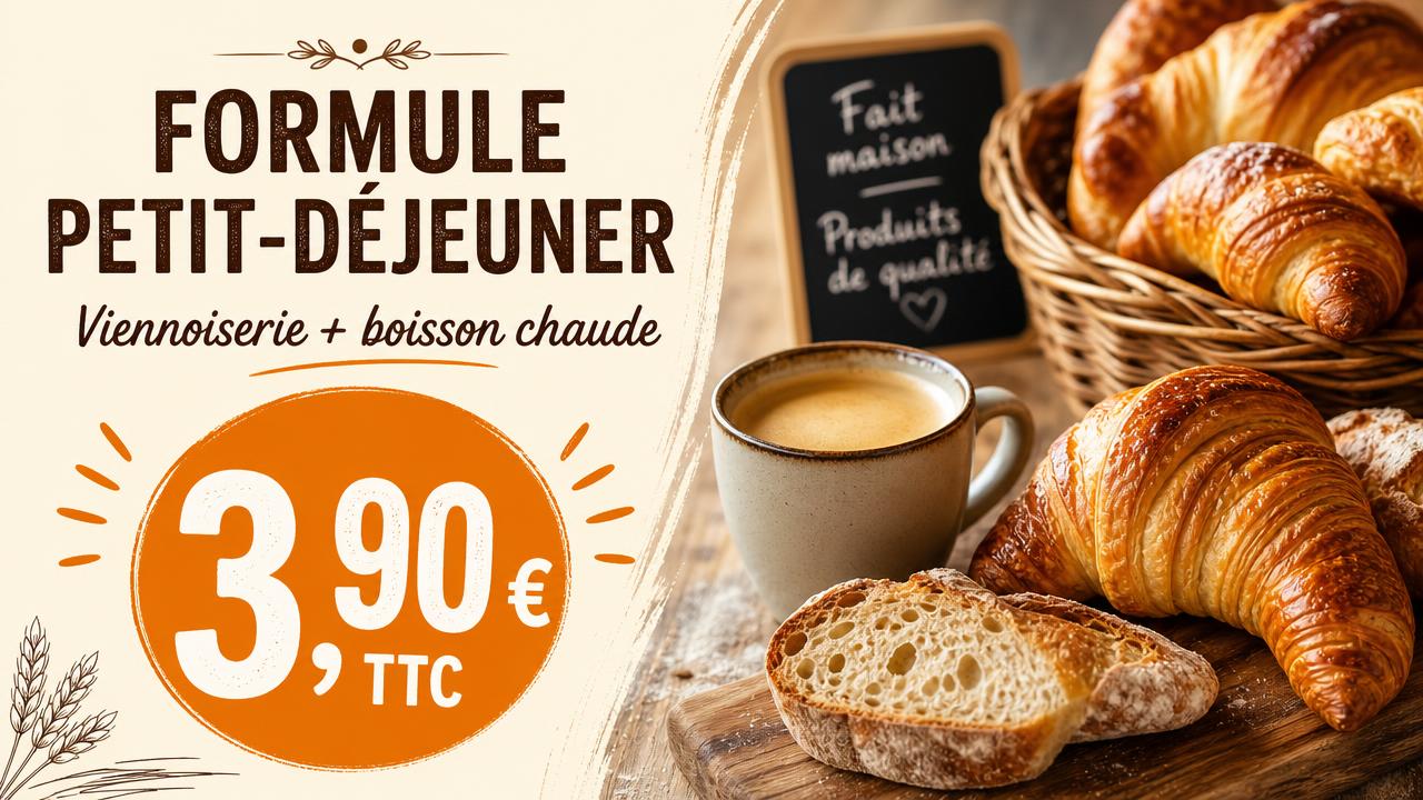Exemple d'écran Display : Boulangerie · formule petit-déjeuner 3,90 €