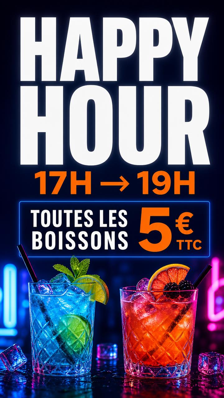 Exemple d'écran Display : Bar à cocktails · happy hour à 5 €