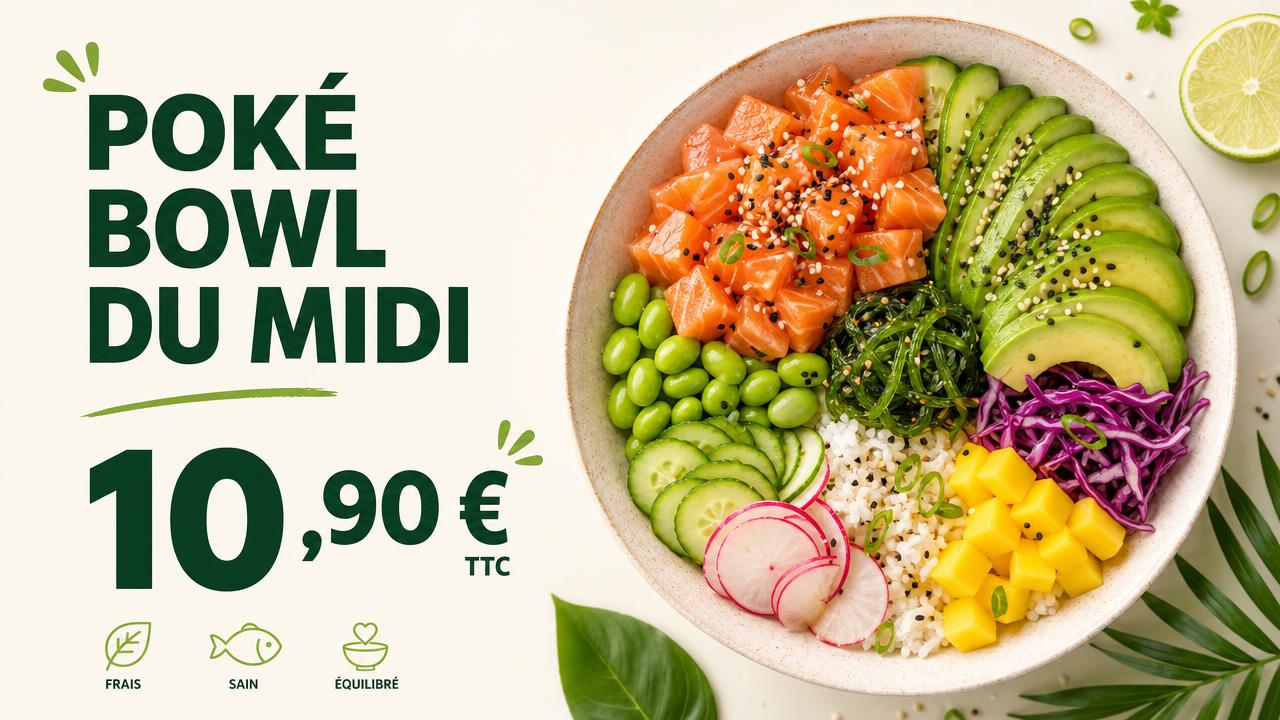 Exemple d'écran Display : Poké bowl · poké du midi à 10,90 €