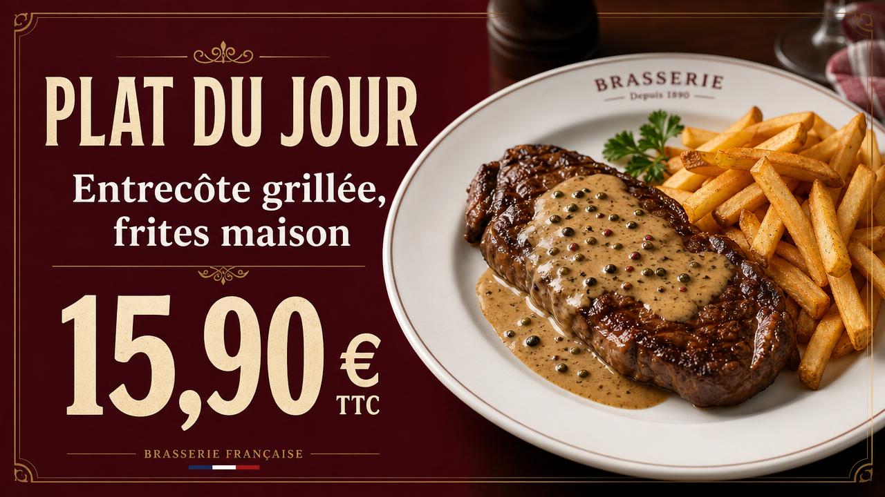Exemple d'écran Display : Brasserie · plat du jour à 15,90 €