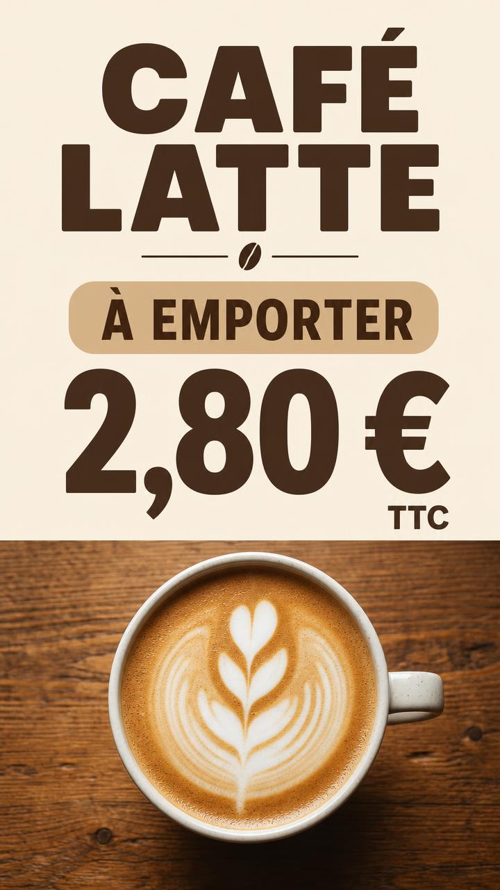 Exemple d'écran Display : Coffee shop · café latte à 2,80 €