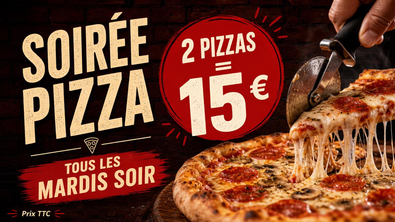 Exemple d'écran Display : Soirée pizza · 2 pizzas = 15 €