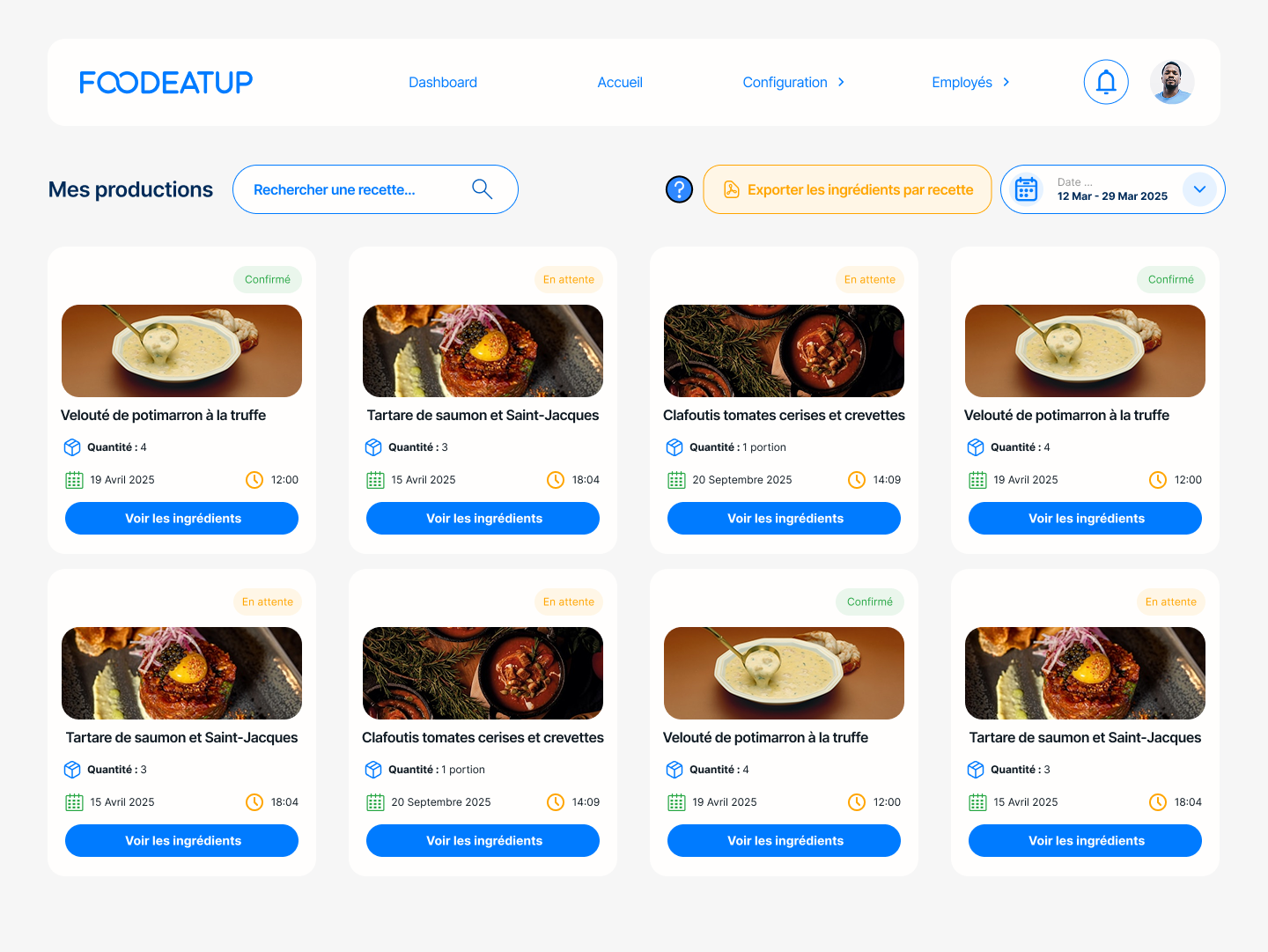 Écran des productions cuisine FoodEatUp