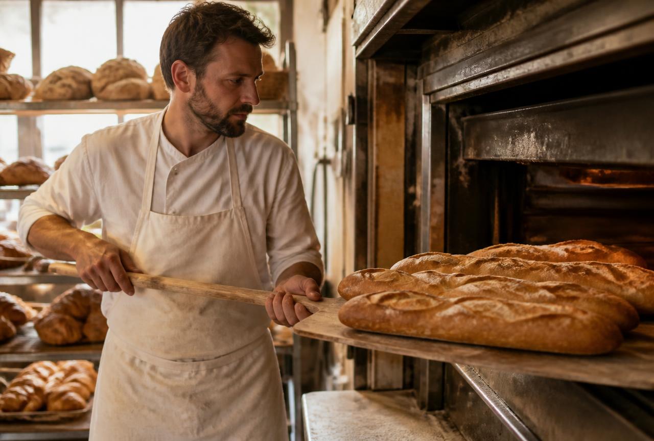 Boulanger enfournant des baguettes dans son fournil
