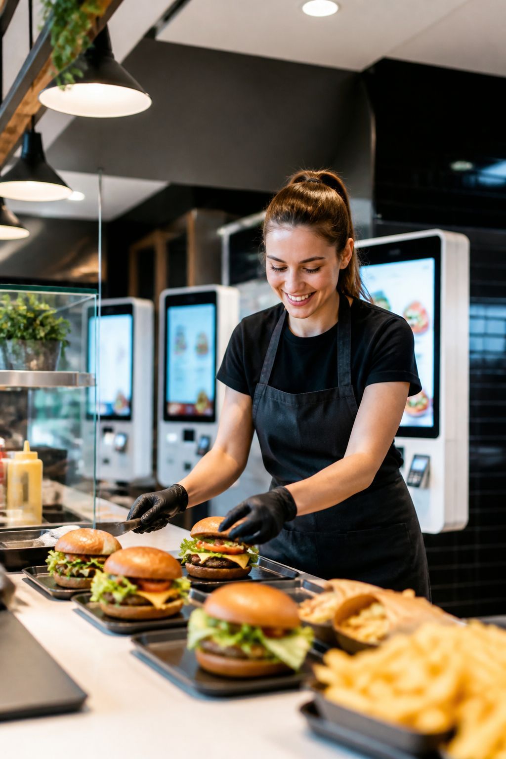 Équipière préparant des burgers au comptoir d'un fast-food moderne
